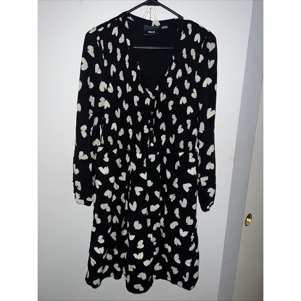 Maeve Dress Womens Size M Black White Heart Print Long Sleeve Button Fit Flare